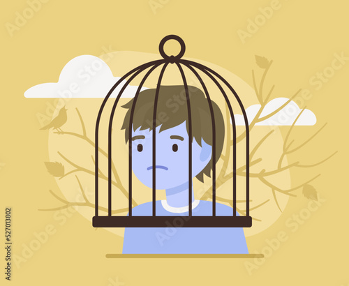 Man, human brain trapped in cage, obstruction. Depression, panic worry, obsessed, memory problems, cognitive therapy, mind under influence, self-control, prisoner capture. Vector creative illustration