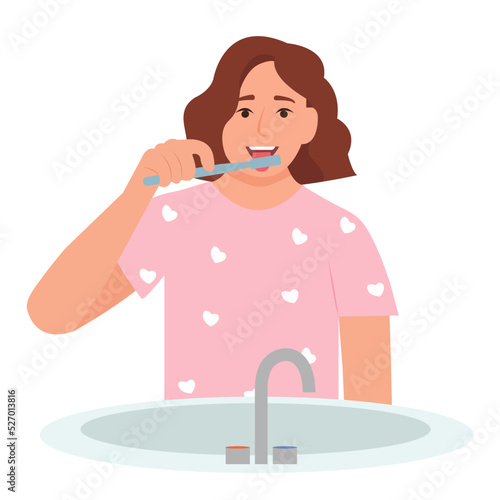 Woman brushes tongue with a toothbrush. Smiling mouth with tongue and healthy teeth. Oral hygiene and dental procedures concept. Cute vector illustration isolated on white background