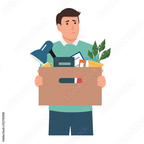 Dismissed employee holding belongings box. Unemployment, crisis, jobless and employee job reduction concept vector design.