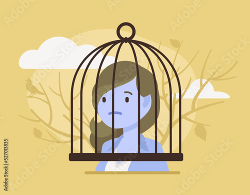 Woman, human brain cage trapped, obstruction. Depression, panic worry, obsessed, memory problems, cognitive therapy, mind under influence, self-control, prisoner capture. Vector creative illustration