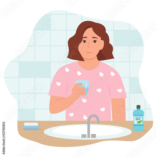 Woman using mouthwash for fresh breath and plaque prevention. Rinsing ,gargling mouth. Daily oral hygiene routine. Vector illustration isolated on white background photo