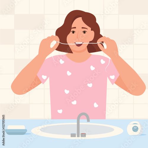 Woman brushes teeth with dental floss in bathroom. Smiling mouth with healthy teeth. Oral hygiene and daily routine concept. Vector illustration in flat style