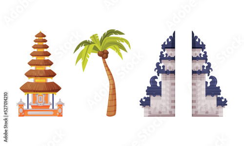 Split Gateway, Palm Tree and Pagoda as Bali Traditional Cultural Attribute Vector Set