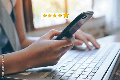 giving five stars,using smartphone for rating excellent feedback in online service,customer satisfaction