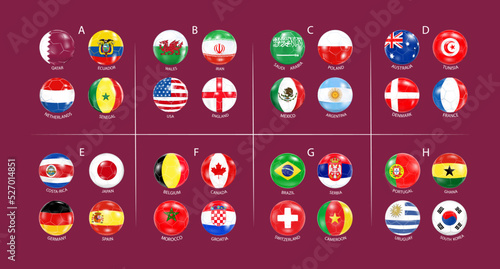 Flags of countries in the style of footballs.Groups of the football tournament in Qatar.The concept of football in 2022.