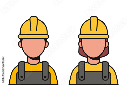 Construction worker with helmet avatar of man and woman. Modern vector builders icon
