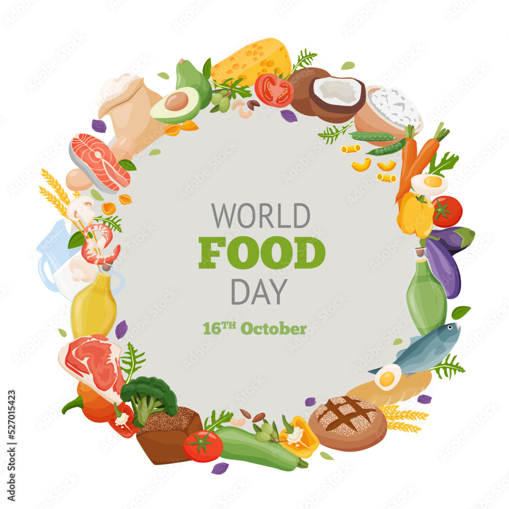 Fototapeta premium World Food Day. Different fresh food on banner or greeting card. Vector illustration