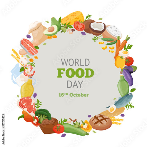 World Food Day. Different fresh food on banner or greeting card. Vector illustration
