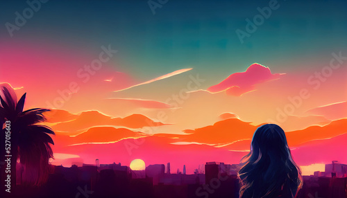 A sad girl looking into the distance at sunset. Emotional, depressing, happy feelings. Colorful sunrise sky. Beautiful pretty girl thinking. Deperessed, moody, lofi girl. Summer night. Painting.