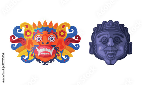 Barong Ritual Mask as Bali Traditional Cultural Attribute Vector Set