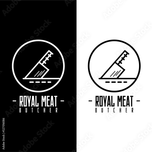 Butcher shop logo
with a butcher knife, with the text Royal Meat.
for a butcher shop or abattoir