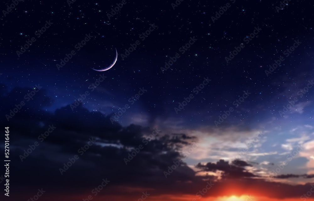 night dramatic sunset and moon on starry sky star fall wind on blue lilac nebula with planet flares universe weather forecast night dramatic sunset and moon on starry sky star fall wind on blue lilac nebula with planet flares universe weather forecast