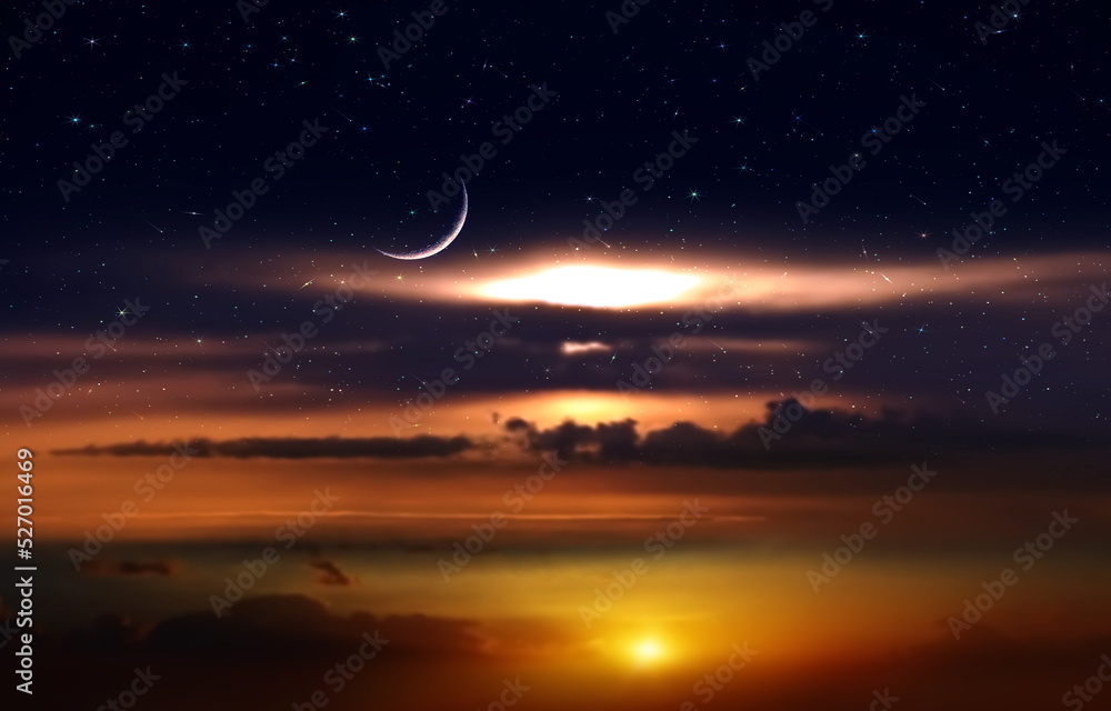 night dramatic sunset and moon on starry sky star fall wind on blue lilac nebula with planet flares universe weather forecast night dramatic sunset and moon on starry sky star fall wind on blue lilac nebula with planet flares universe weather forecast