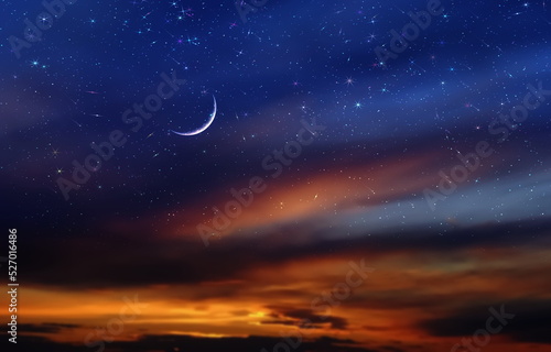  night  dramatic sunset and  moon on  starry sky star  fall wind on blue lilac nebula  with planet flares universe weather forecast