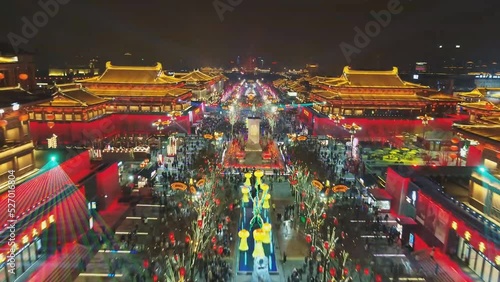 Beautiful xian cityscape in nightfall, the big wild goose pagoda was ablaze with lights, a famous tourist destination in China (aerial photography)