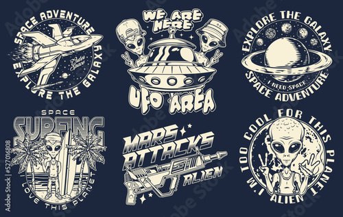 Aliens set emblems monochrome vintage