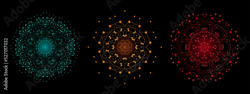 Set of Colorful Bright Lattice Shape, Molecular Structure with Thin Lines and Dots. Mandala. Fractal.