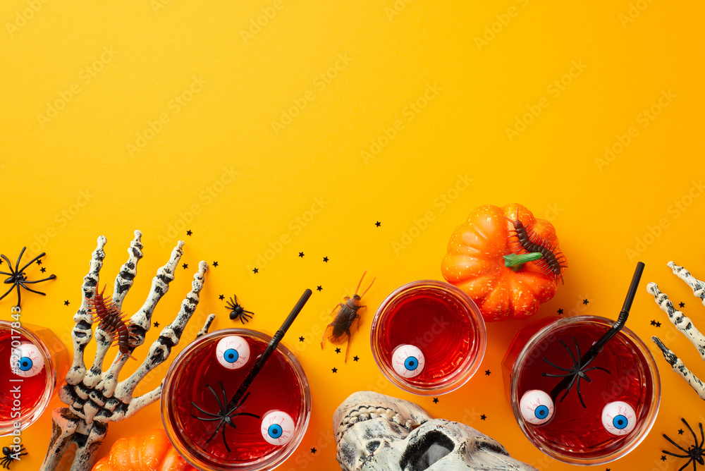 Halloween concept. Top view photo of floating eyes punch skull skeleton hands pumpkins centipedes cockroach spiders and confetti on isolated yellow background with copyspace