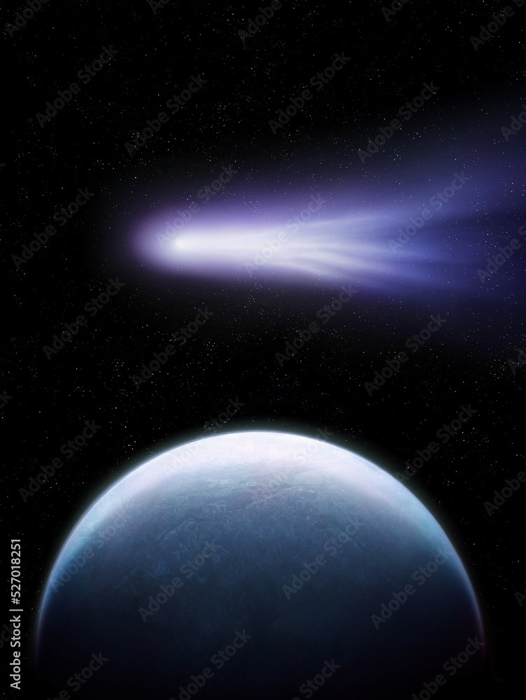 Сomet in outer space against the background of an earth-like planet. Astronomical background. Sci-Fi wallpaper.