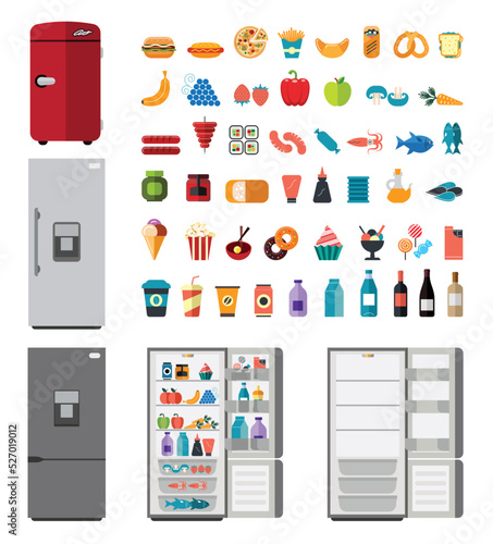 Flat fridge vector icons. Closed and open empty refrigerator. Illustration fridge with food.