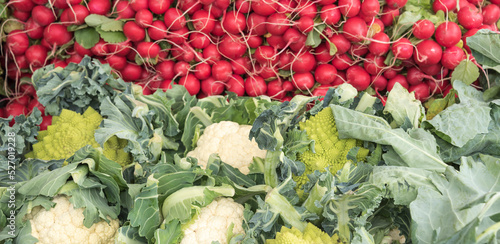 Obraz na płótnie cauliflowers in front of red radishes on a market w salonie