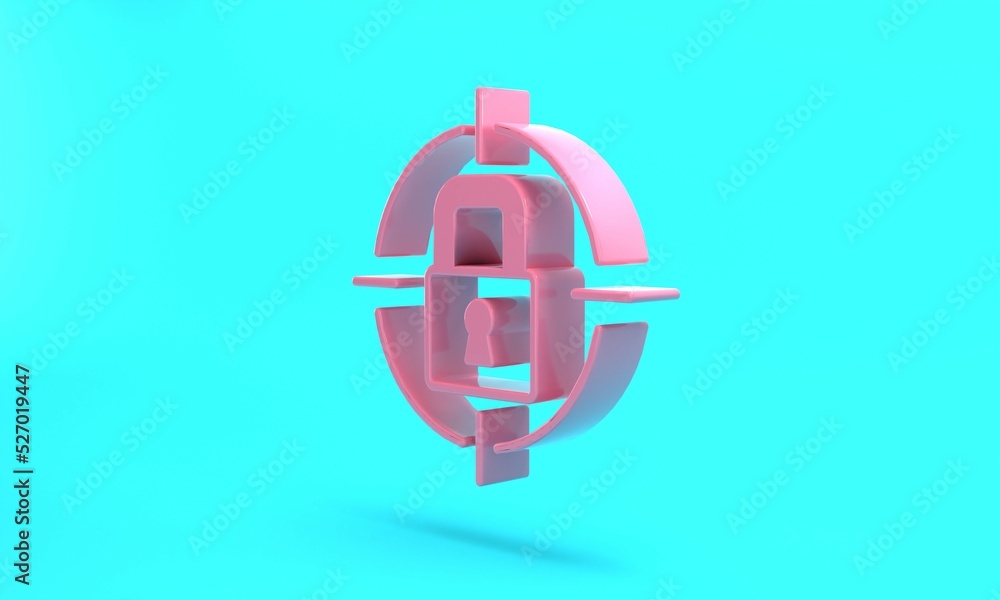 Pink Lock icon isolated on turquoise blue background. Padlock sign. Security, safety, protection, privacy concept. Minimalism concept. 3D render illustration Pink Lock icon isolated on turquoise blue background. Padlock sign. Security, safety, protection, privacy concept. Minimalism concept. 3D render illustration
