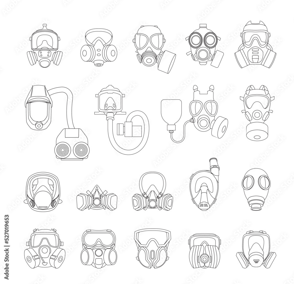 Set of gas mask line icons. Collection of gas mask icons, chemical gas mask, poison gas mask, mask for firefighters and the military, pollution protection masks. Set of gas mask line icons. Collection of gas mask icons, chemical gas mask, poison gas mask, mask for firefighters and the military, pollution protection masks.