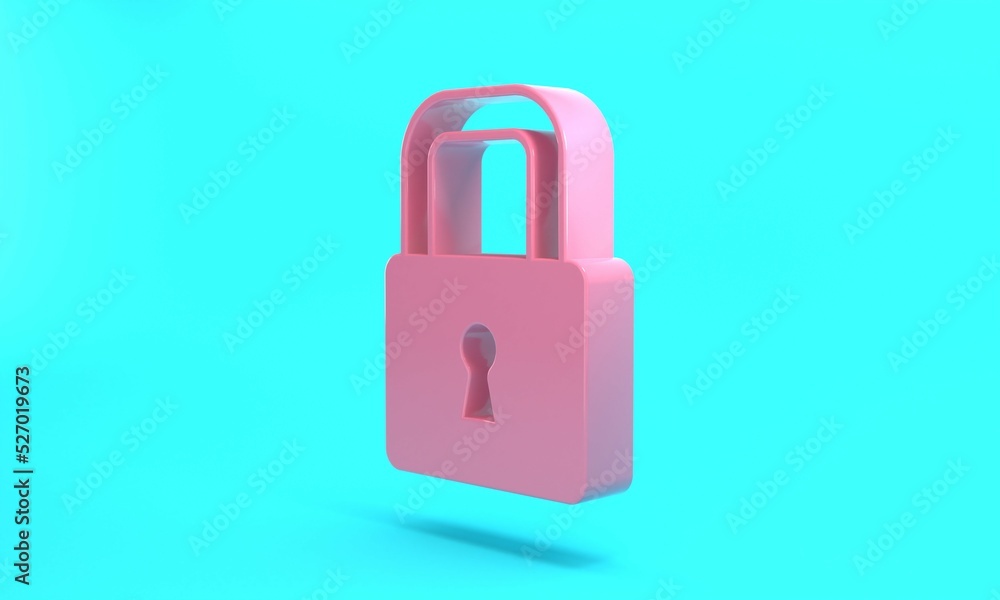 Pink Lock icon isolated on turquoise blue background. Padlock sign. Security, safety, protection, privacy concept. Minimalism concept. 3D render illustration Pink Lock icon isolated on turquoise blue background. Padlock sign. Security, safety, protection, privacy concept. Minimalism concept. 3D render illustration