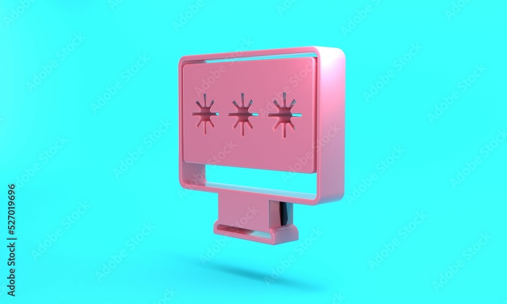 Pink Monitor with password notification icon isolated on turquoise blue background. Security, personal access, user authorization, login form. Minimalism concept. 3D render illustration Pink Monitor with password notification icon isolated on turquoise blue background. Security, personal access, user authorization, login form. Minimalism concept. 3D render illustration
