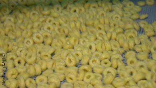 Conveyor for dry breakfast in the form of rings. 2 Shots. Rings move along the conveyor and dry. Plant for the production of rings and flakes using extrusion. Production of dry breakfast at the facto