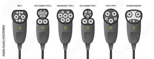 Connectors for electric vehicles. Charger Plug Types. Sockets for charging electric vehicles and hybrid vehicles with the name. Types of plug connectors for the charging station. A set of basic connec