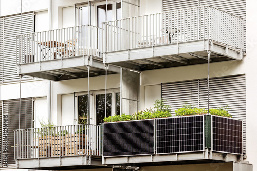 Fotografia, Obraz Solar panels on Balcony of  Building