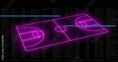 Image of computer graphic 3d neon soccer field over data processing on digital interface