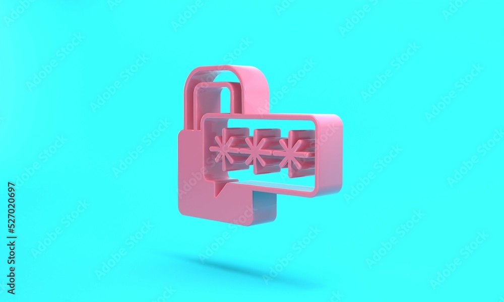 Pink Cyber security icon isolated on turquoise blue background. Closed padlock on digital circuit board. Safety concept. Digital data protection. Minimalism concept. 3D render illustration