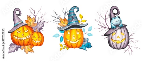 Set of watercolor pumpkins for halloween