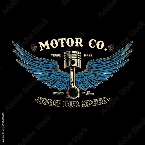 Vector illustration Vintage motorcycle Monochrome skull and wing in helmet . t-shirt graphics. Biker t-shirt. Motorcycle emblem.