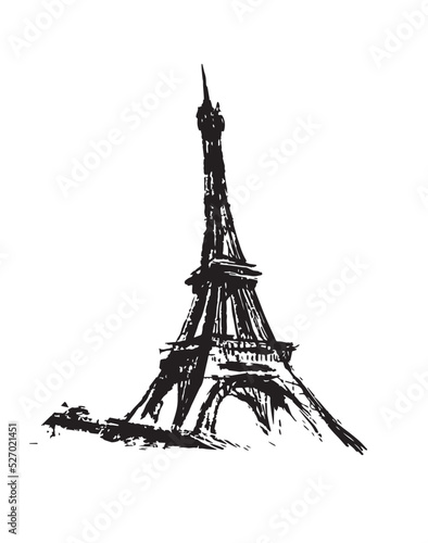 Eiffel Tower in France, grunge brush drawing, vintage icon, symbol of France. Vector doodle sketch isolated on white background.