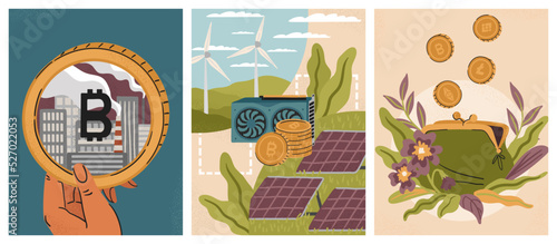 ESG crypto investment concept vector posters set. Green mining, bitcoin and cryptocurrency technology using sustainable and renewable energy resources. Digital assests wallet