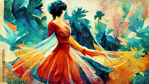 medieval dance dress scene, colorful woman dancing