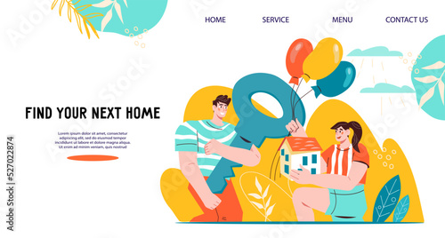 Real estate and mortgage concept for website banner or landing page, flat vector illustration. Moving and purchasing new house.