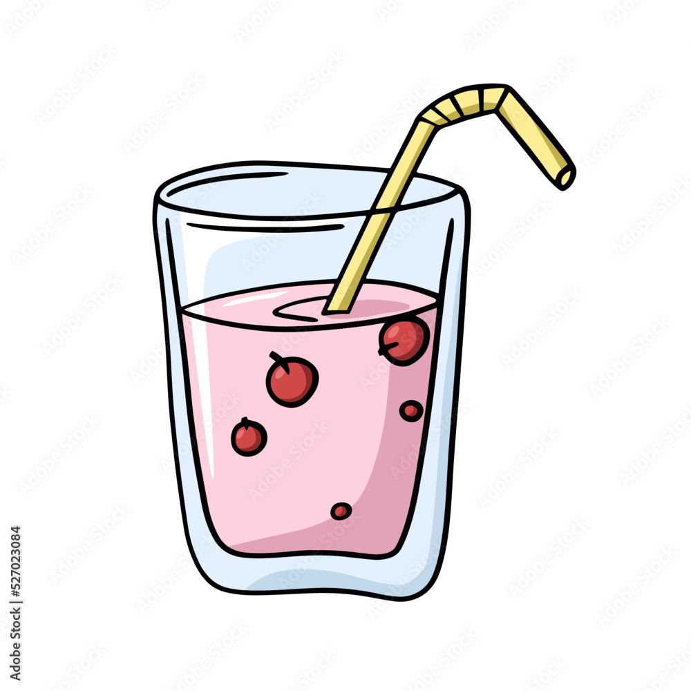 Milky pink fruit cocktail with berries in a glass glass, vector cartoon Milky pink fruit cocktail with berries in a glass glass, vector cartoon