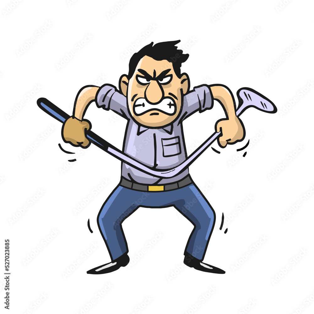 Cartoon style vector illustration of a frustrated caucasian male golfer screaming, spitting and bending his club out of anger. Cartoon style vector illustration of a frustrated caucasian male golfer screaming, spitting and bending his club out of anger.
