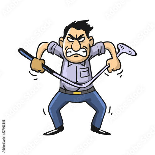 Cartoon style vector illustration of a frustrated caucasian male golfer screaming, spitting and bending his club out of anger.