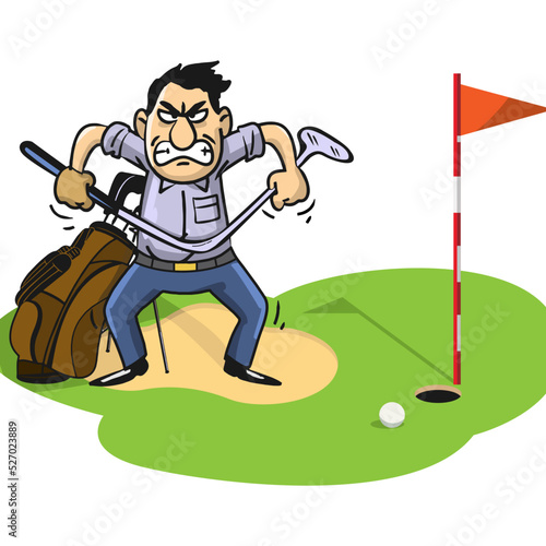 Cartoon style vector illustration of a frustrated caucasian male golfer screaming, spitting and bending his club out of anger.