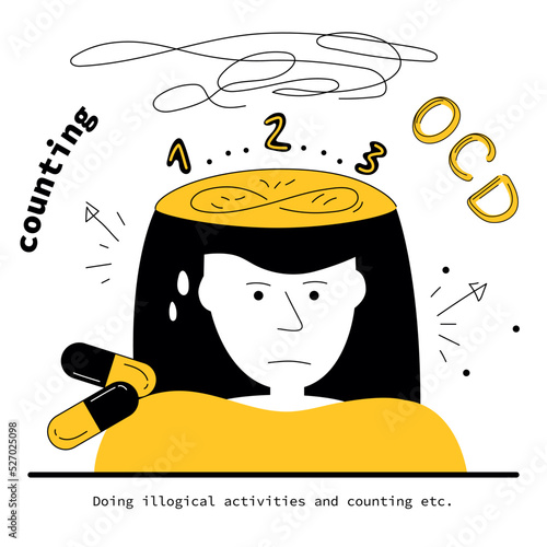 Women has syndrome obsessive compulsive disorder and intrusive thoughts and doing illogical counting. Vector illustration OCD symptoms of human fear, neurosis and panic attack.