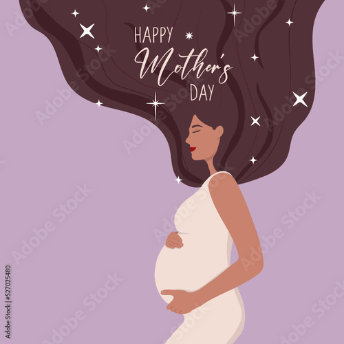 Happy pregnant woman holding her belly. The expectation of child. Happy Mother's Day! Charming happy girl with long hair. Vector template with for card, poster, flyer