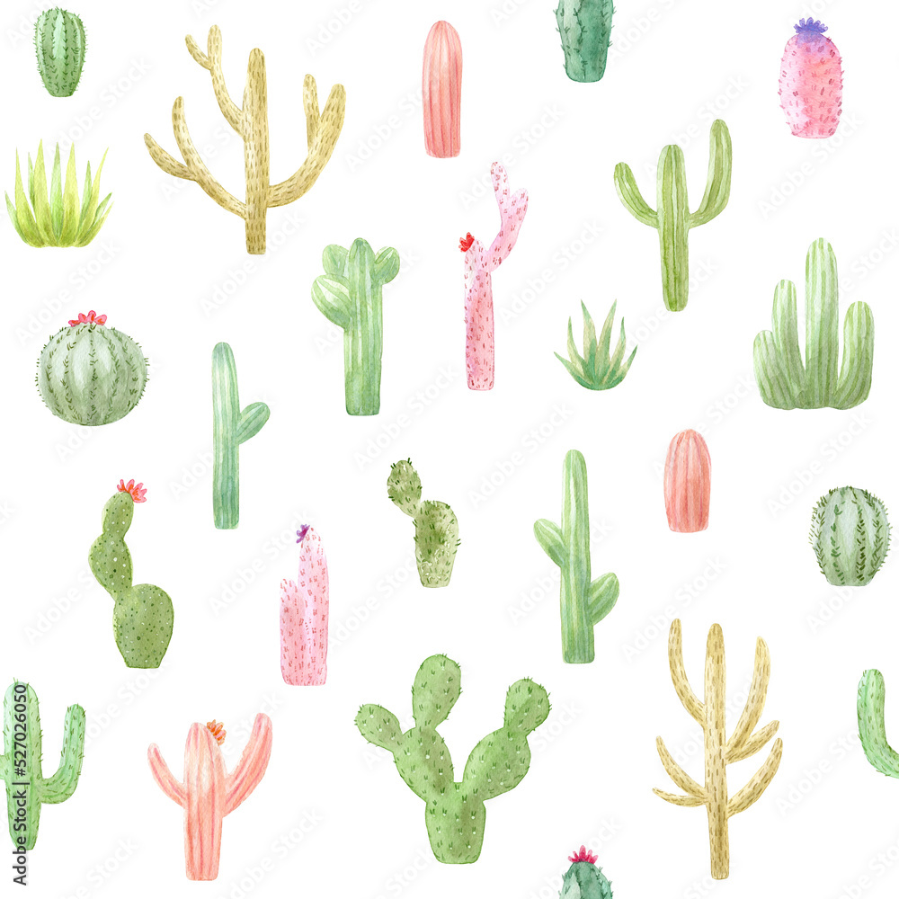 Pattern of watercolor cactus, succulent, isolated illustration on white background. Natural watercolor design elements, botanical collection. Design for textile, fabric, print, wrapping, paper. Pattern of watercolor cactus, succulent, isolated illustration on white background. Natural watercolor design elements, botanical collection. Design for textile, fabric, print, wrapping, paper.