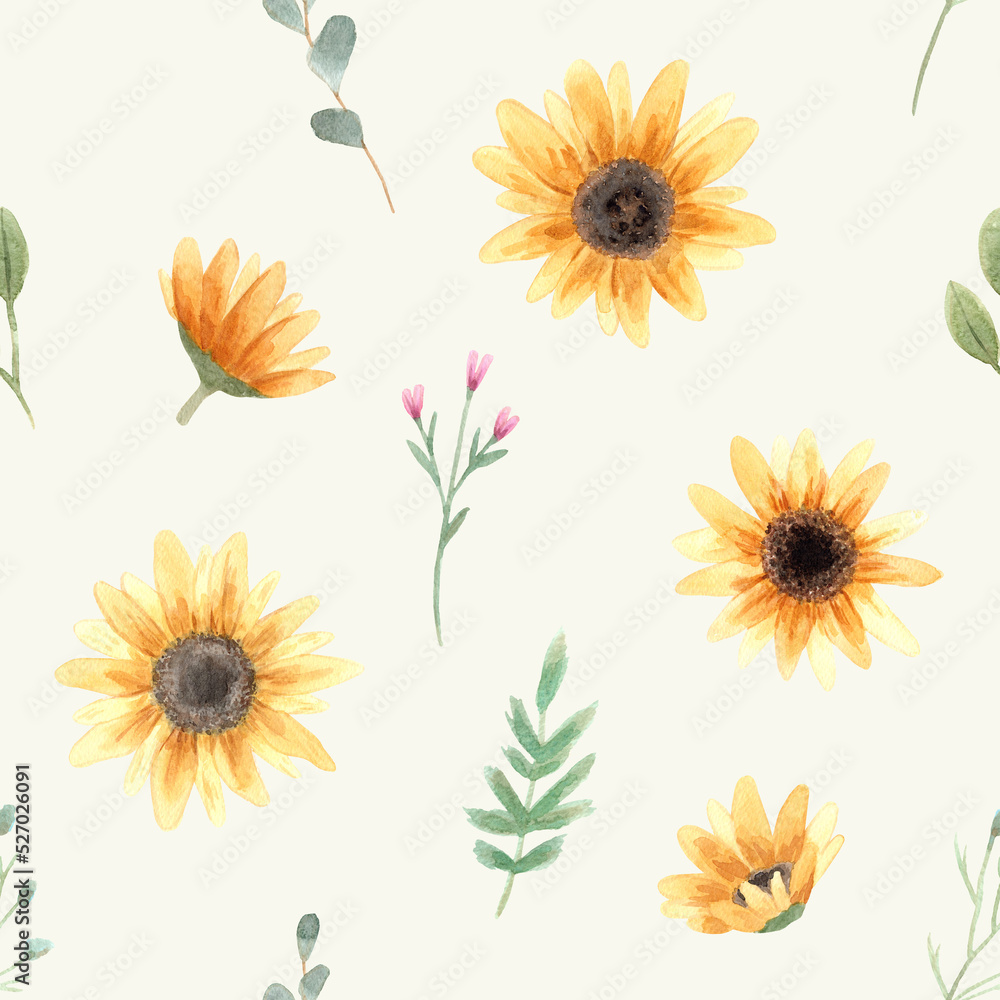 Seamless pattern. Hand drawn watercolor sunflower flower. Hand painted illustration on green background. Summer sunflowers design for textile, card, fabric, wrapping paper, cloth, cover, template. Seamless pattern. Hand drawn watercolor sunflower flower. Hand painted illustration on green background. Summer sunflowers design for textile, card, fabric, wrapping paper, cloth, cover, template.