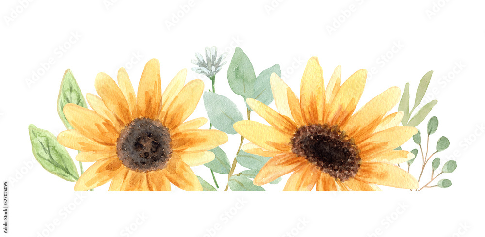 Hand drawn watercolor sunflower flower. Hand painted illustration isolated on white background. Summer sunflowers design logo, wedding decor, floral decoration, textile, tattoo, icon, card, fabric. Hand drawn watercolor sunflower flower. Hand painted illustration isolated on white background. Summer sunflowers design logo, wedding decor, floral decoration, textile, tattoo, icon, card, fabric.
