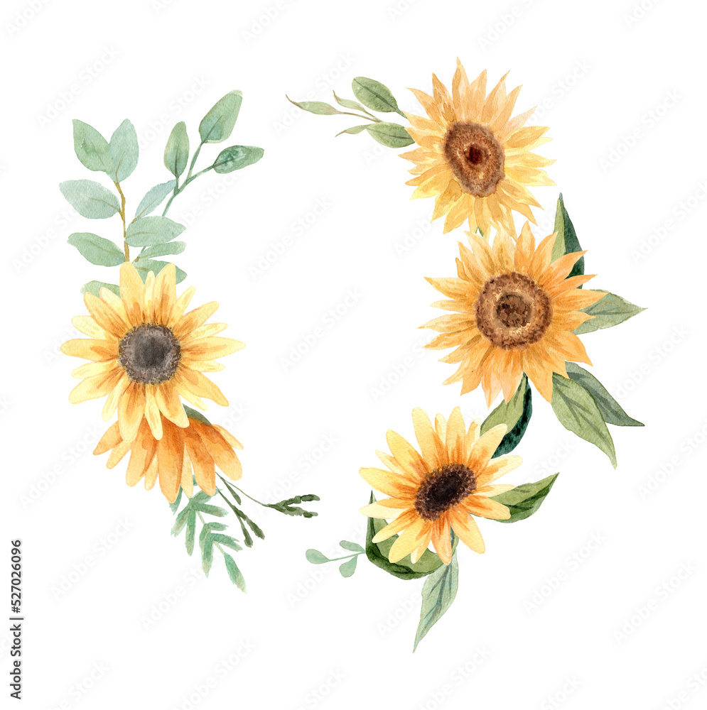 Hand drawn watercolor sunflower flower. Hand painted illustration isolated on white background. Summer sunflowers design logo, wedding decor, floral decoration, textile, tattoo, icon, card, fabric. Hand drawn watercolor sunflower flower. Hand painted illustration isolated on white background. Summer sunflowers design logo, wedding decor, floral decoration, textile, tattoo, icon, card, fabric.